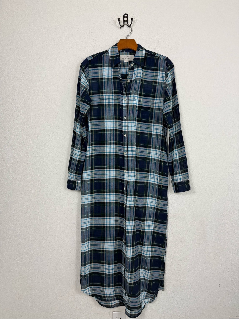Trovata Birds of Paradise Blue Plaid Long Sleeve Maxi Button Front Dress XS